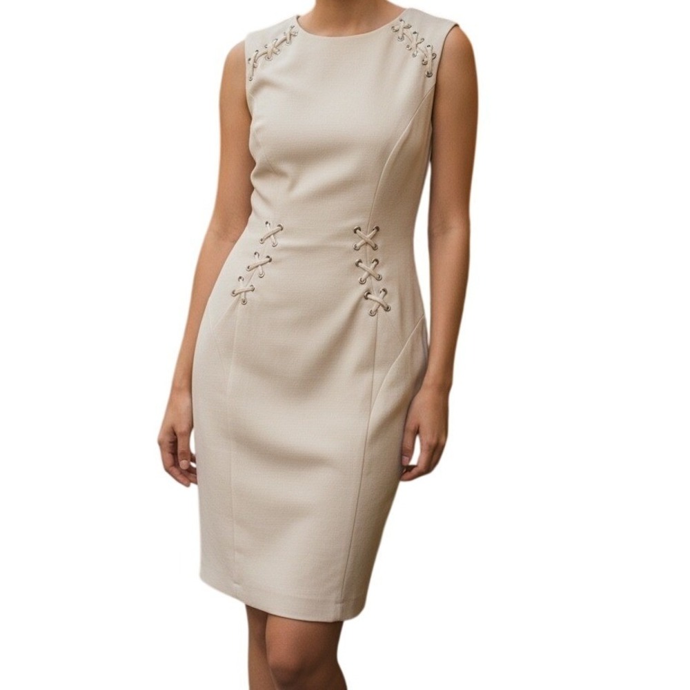 CACHE Ivory Lace Up Grommet Cut Out Back Sleeveless Sheath Dress EUC Size 6